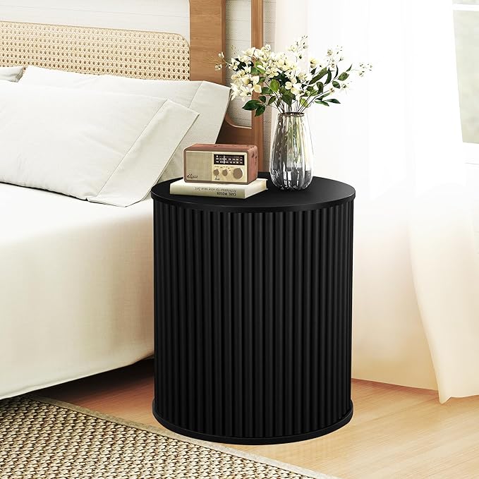 AVZEAR Fluted Round Side Table with Storage, Small Mid Century End Table Fluted Nightstands, Modern Circle Bedside Tables Wood Night Stand for Small Spaces, Living Room, Bedroom (Black)-Ruum Studio Home
