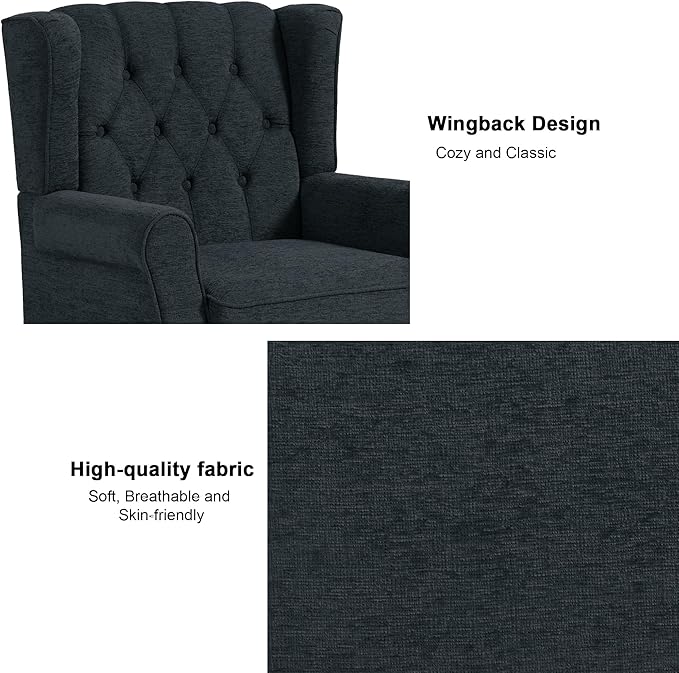 Accent Chair, Upholstered Armchair with Button Tufted High Back & Solid Wood Legs, Comfy Wingback Reading Single Sofa Chair for Small Spaces, Living Room, Bedroom (Blue, Set of 2)-Ruum Studio Home