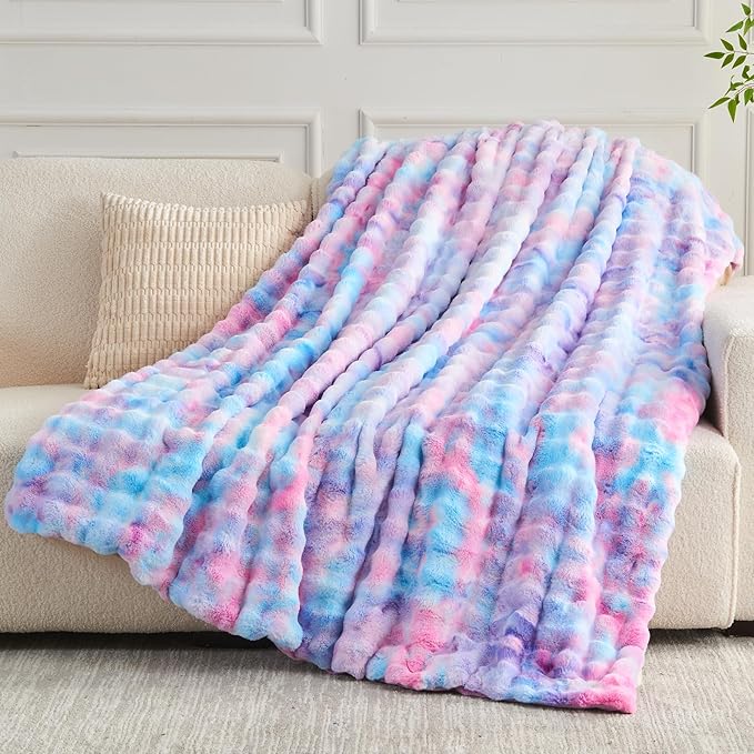 NEWCOSPLAY Faux Fur Throw Blanket Purple Rainbow Luxury Fluffy Thick Warm Bubble Blanket for Couch Sofa Bed 700GSM (Purple Rainbow, Throw(50"x60"))-Ruum Studio Home