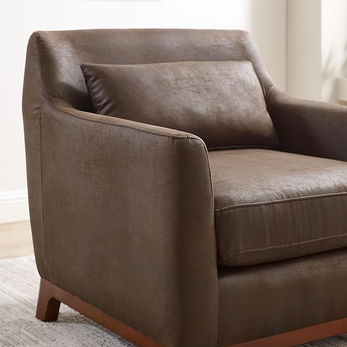 Extra Deep Accent Chair, Comfy Fabric Armchair with Wood Base, Upholstered Single Sofa Chair for Living Room & Bedroom, Faux Leather Dark Brown-Ruum Studio Home