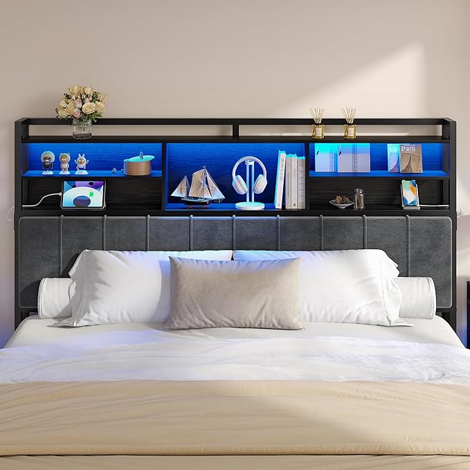 Headboard with 3-Tier Storage Shelves, Velvet Upholstered Head Board with 2 Outlets, USB Ports & LED Light, Soft Backrest for King Size Bed, Black BH19404B-Ruum Studio Home