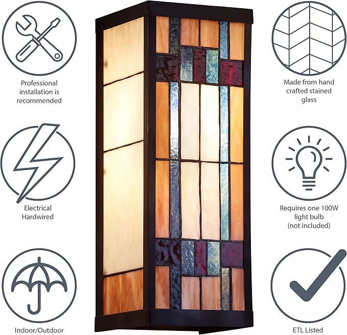 RIVER OF GOODS Art Deco Stained Glass Outdoor Light Fixture - Large Exterior Outdoor Wall Lights for House, Patio, Porch, Garage - Wall Mount Lighting Fixtures - 16.25" H - Faye-Ruum Studio Home
