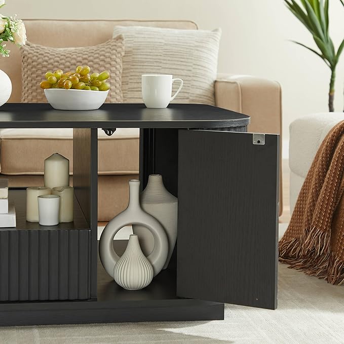 46.5" Oval Coffee Table with Drawers and Storage Mid Century Modern Fluted Solid Wood Side Coffee Tables, Luxury Tea Table Center Table for Living Rooms Offices Apartmen, Black-Ruum Studio Home