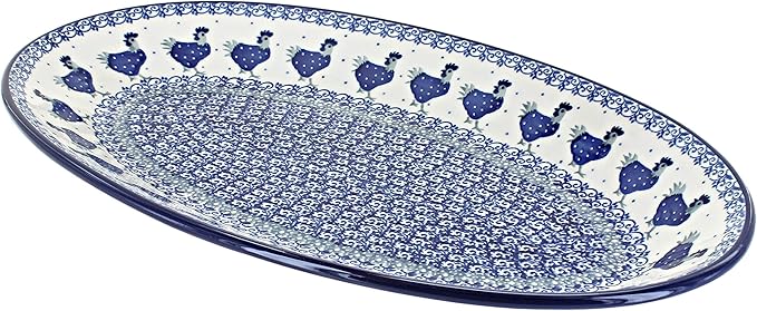 Blue Rose Polish Pottery Barnyard Rooster Oval Platter-Ruum Studio Home