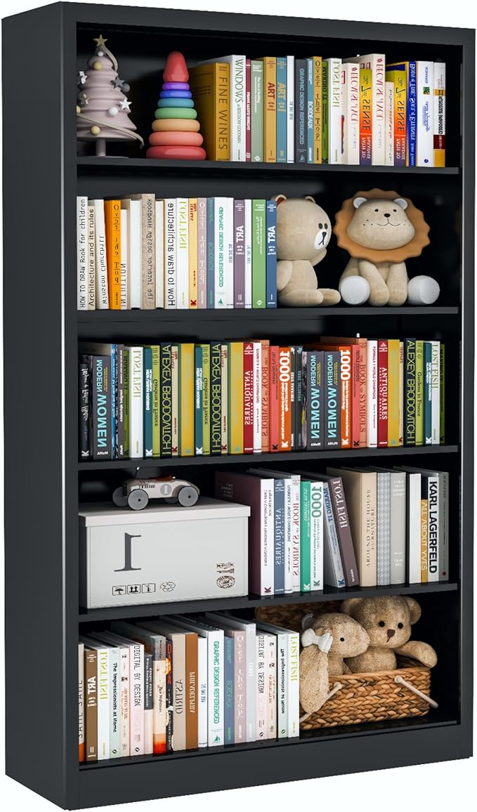 Black Bookshelf, 55” Adjustable Tall Metal Bookshelf, 5-Tier Toy Storage Organizer with Anti-Tilt Device, Modern Book Cases and Book Shelves for Bedroom, Playroom, Classroom, Study-Ruum Studio Home