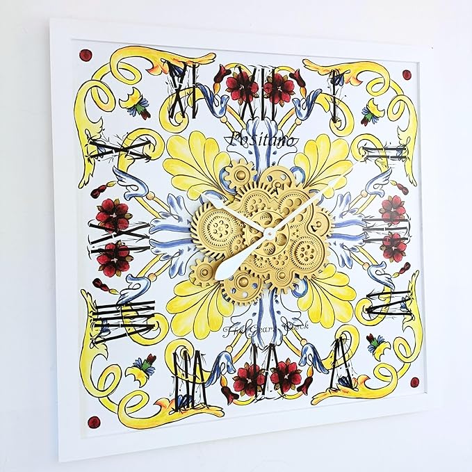 The Gears Clock Wall Clock Italy Collection with Moving Gears (Positano, 36 inch Square)-Ruum Studio Home