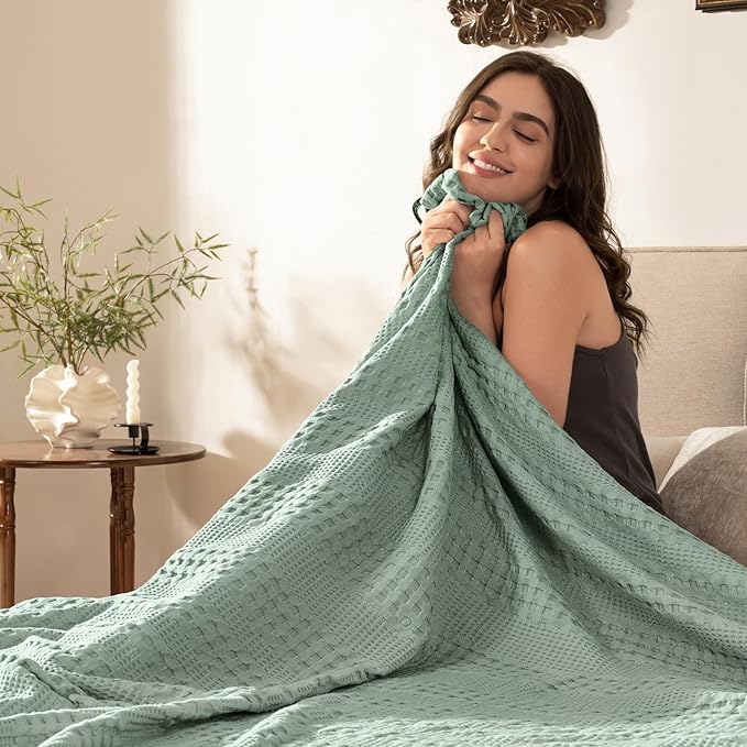 PHF Cooling Waffle Blanket King Size, Lightweight 60% Rayon Derived from Bamboo & 40% Cotton Breathable Blanket for Hot Sleepers, Soft and Luxury for Bed Couch and Sofa, 104"x90", Sage Green-Ruum Studio Home