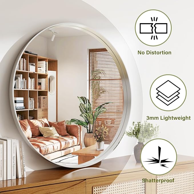48 Inch Round Bathroom Mirror - Wall Mounted Circle Mirror with Metal Frame, Modern Mirror Suitable for Bathroom, Vanity, Entryway, Living Room, Wall Decor,Silver-Ruum Studio Home