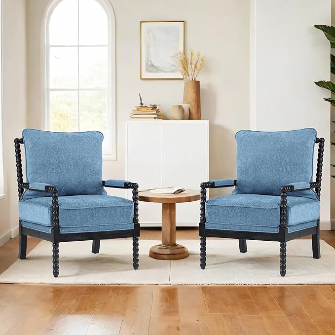 DUHOME Linen Fabric Spindle Accent Chairs Set of 2 with Wood Frame,Modern Accent Spool Chairs with Padded Spring Seat and Brushed Blue Base for Living Room Bedroom Farmhouse Home Office Belcony-Ruum Studio Home