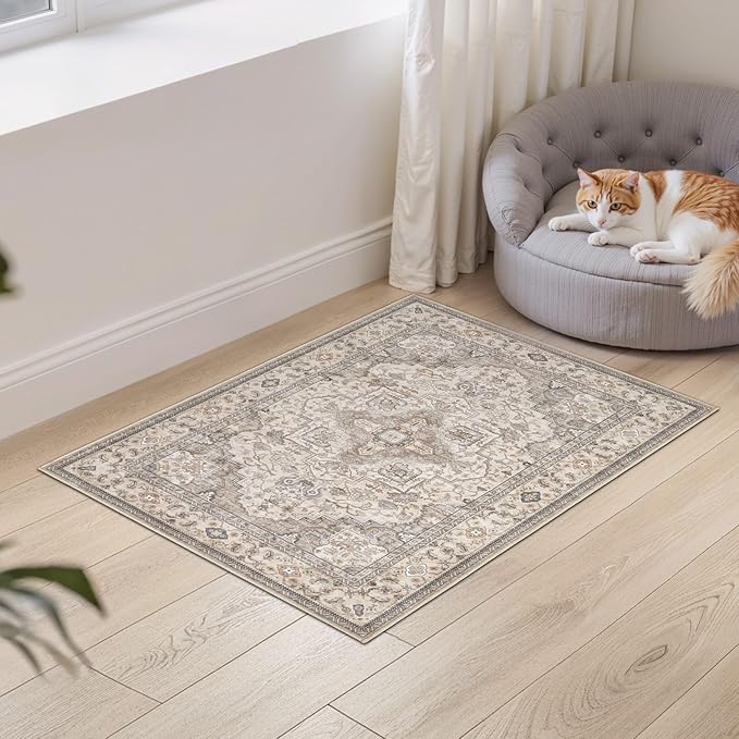 Washable Area Rugs for Living Room -2x3 Neutral Vintage Distressed Floral Farmhouse Boho Large Soft Floor Rug Indoor Non Slip Carpet for Bedroom Dining Room Office - Brown/Multi-Ruum Studio Home