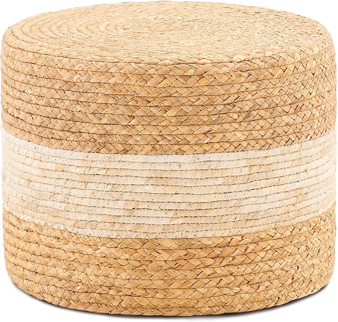 Handwoven Water Hyacinth Ottoman Pouf, Round Outdoor Footstool with Sturdy Frame, No Assembly Needed, Boho Accent Stool for Indoor & Outdoor Use – Patio, Balcony, Living Room (White)-Ruum Studio Home