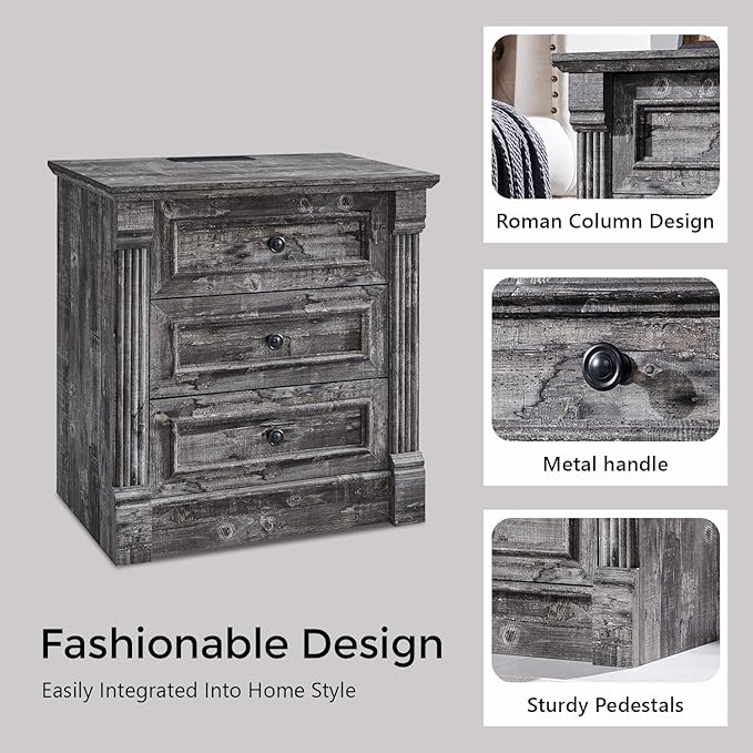 26" Tall Farmhouse Nightstand, 3 Drawers End Table w/Charging Station, 23.6" Wide Large Side Table w/Roman Column, Wood Rustic Sofa Table for Bedroom, Light Gray-Ruum Studio Home