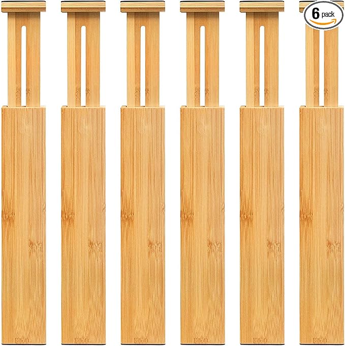 VaeFae Adjustable Bamboo Drawer Dividers, Expandable Drawer Organizer for Kitchen, Bedroom, Bathroom, Dresser and Office, 6-Pack-Ruum Studio Home