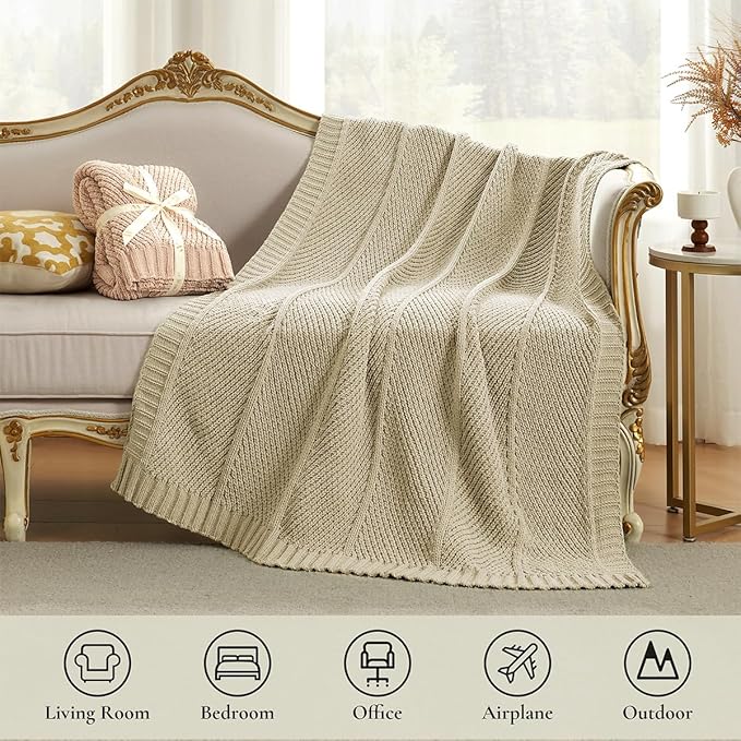 Amélie Home Chenille Knit Throw Blanket for Couch, Chevron Texture Decorative Soft Blanket for Sofa, Bed & Chair, 60"x80", Beige-Ruum Studio Home