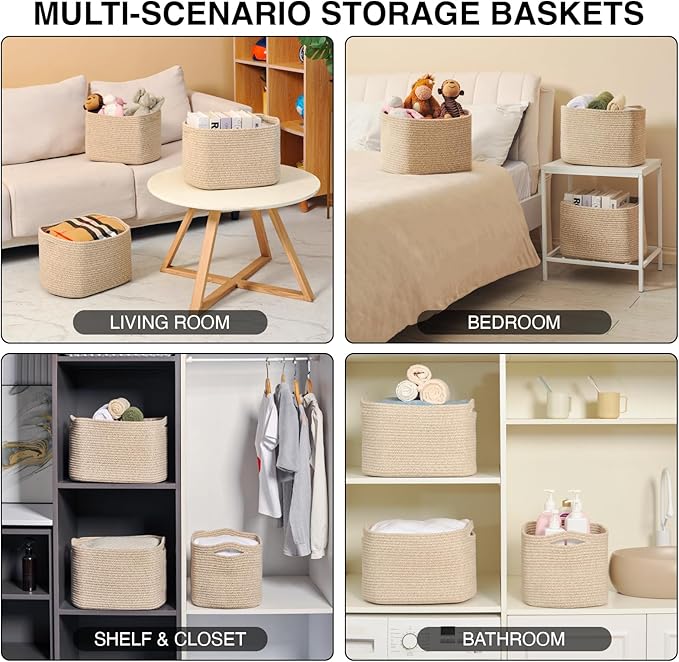 Decorative Storage Baskets for Organizing Shelves, Toy Basket for Nursery, Woven Cotton Rope Baskets for Decor, Towel Basket for Bathroom, 15"x11"x9.5", 3 Packs, Brown-Ruum Studio Home