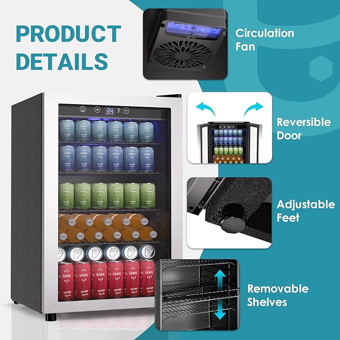 EUHOMY 4.5 Cu.ft Beverage Refrigerator and Cooler, 145 Can Mini fridge with Glass Door for Soda Beer Wine, Small Drink Dispenser with Digital Adjustable Thermostat for Home Office Bar-Ruum Studio Home