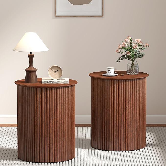 AVZEAR Small Round Side Table Fluted Night Stand Set of 2, 17.7" Mid Century Modern End Table, Circle Bedside Tables Wood Nightstands for Small Spaces, Living Room, Bedroom (Rustic Walnut)-Ruum Studio Home