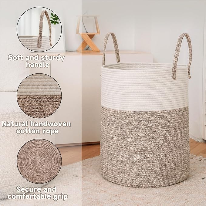 Large Woven Laundry Basket Hamper,60L Cotton Rope Storage Bin for Blankets,Toys and Clothes,Decorative Tall Nursery Hamper for Living Room,Baby Nursery,Bathroom and Bedroom,Brown-Ruum Studio Home