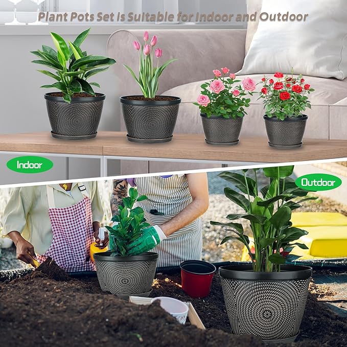 Quarut 12 Inch 4 Pack Large Plant Pots, Plastic Flower Pot for Indoor & Outdoor with Drainage Holes & Saucer, Circle Pattern Planters Garden Pots for Herbs-Ruum Studio Home