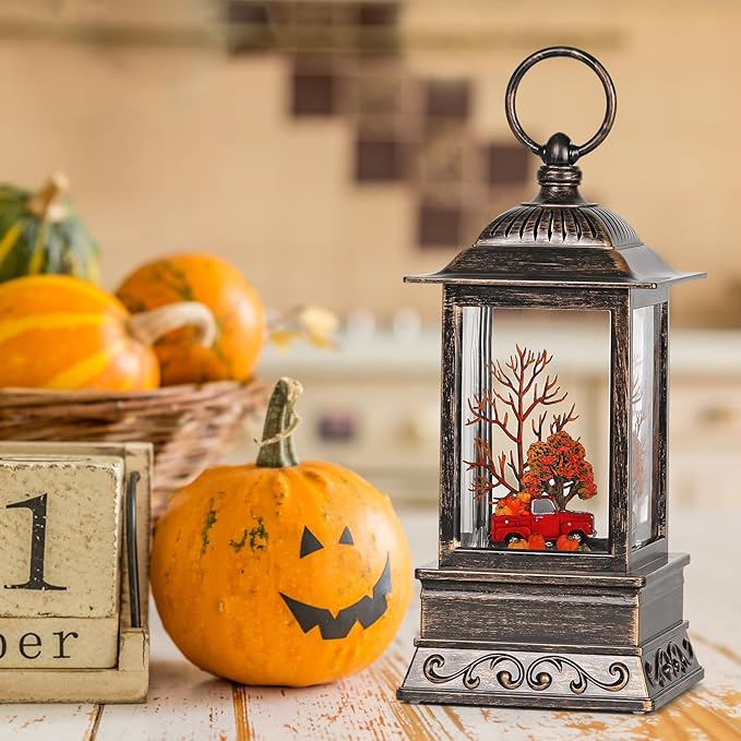 Fall Snow Globe Red Truck Lantern, Glitter Lighted Snow Globes Fall Decorations for Home, Light Up Snowglobe Fall Décor-Ruum Studio Home