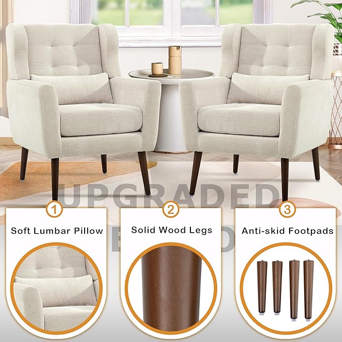 Modern Accent Chair, Upholstered Armchair with Pillow, Fabric Single Sofa Chair with Lounge Seat and Wood Legs Accent Chair for Living Room Bedroom Small Spaces (Beige, Set of 1)-Ruum Studio Home