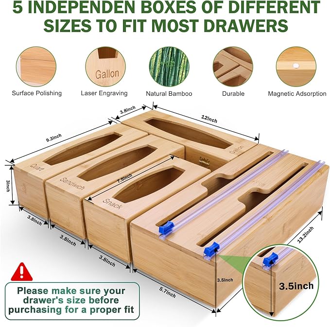 Individual Storage Bag Organizer for Kitchen Drawer, Bamboo with Foil and Plastic Wrap Organizer for Kitchen Organizers and Storage, for Gallon, Quart, Sandwich, Snack-Ruum Studio Home