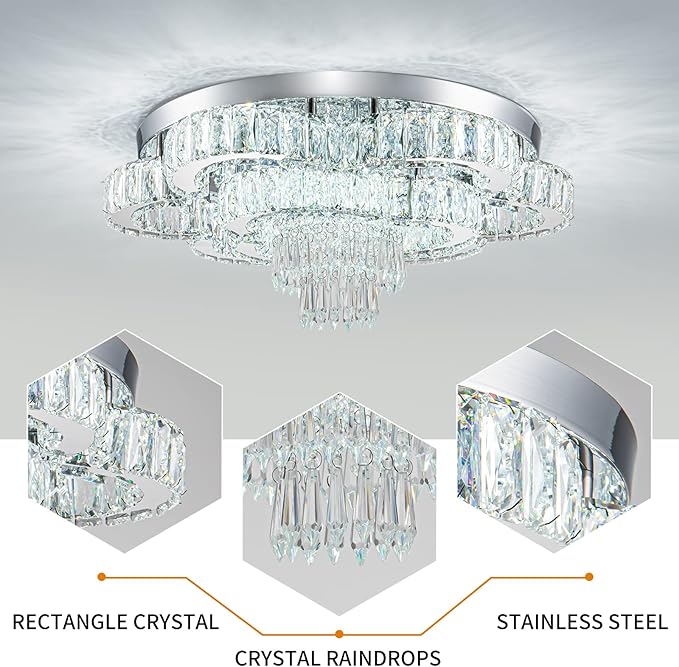 21 Inch Crystal Chandelier LED Flush Mount Ceiling Light Fixtures Luxury Chandeliers for Living Room Bathroom Bedroom Entrance Dining Room(Cool White)-Ruum Studio Home