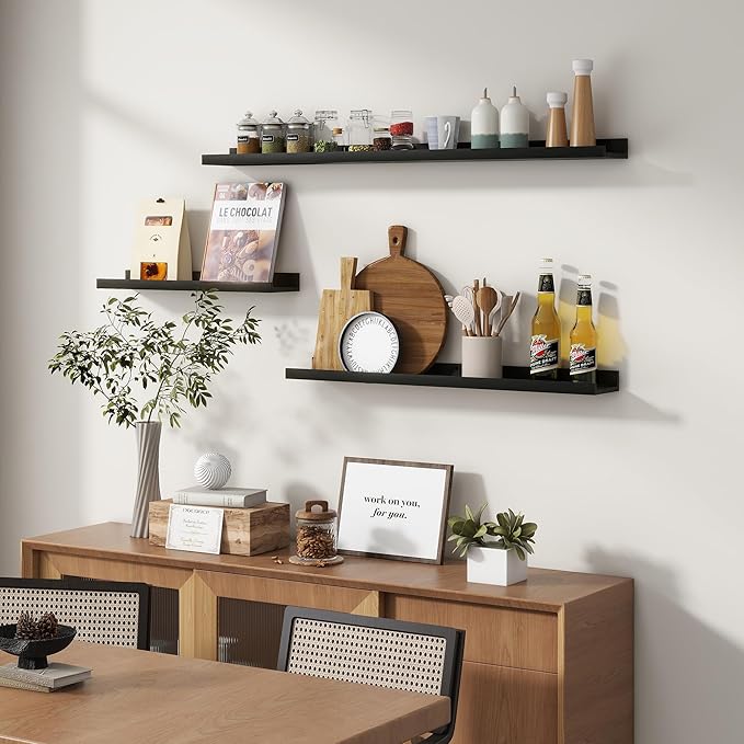 Picture Ledge Wall Shelves 24 inches Width Set of 3, Solid Pine Wood Rustic Floating Ledge Shelves for Kids' Room Bedroom Kitchen Bathroom Living Room Nursery Display Wall Decor, Black-Ruum Studio Home