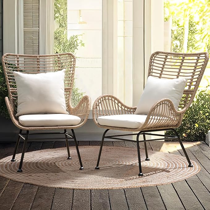 IDZO Isabelle Upgraded 2000 Hours UV Wicker Chairs Outdoor Set of 2, 500 lbs Capacity Outdoor Patio Chair, All-Weather Club Chair with Water-Resistant Olefin Cushions, Boho Style, Beige-Ruum Studio Home