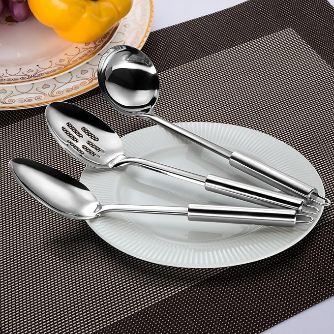 Pleafind Serving Utensils Set for Parties,3-Piece Silver Stainless Steel utensils set,Includes 1 Serving Spoon, 1 Slotted Spoon and 1 Soup Ladle,Serving Spoons for Buffet-Ruum Studio Home