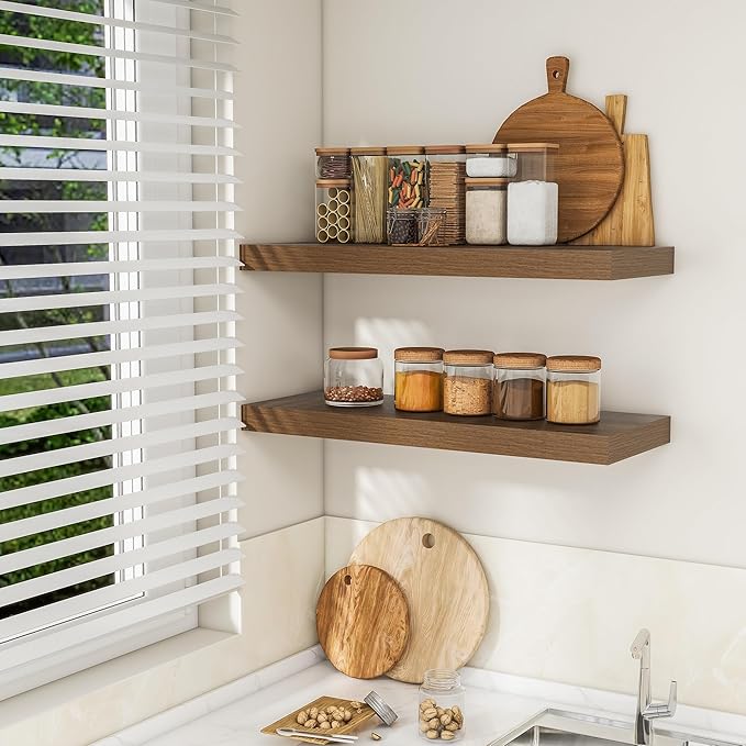 RICHFOCUS 36Inch Floating Shelves for Wall 2 Pack Shelves for Bedroom|Kitchen|Bathroom Wall Mounted Rustic Wood Floating Shelf with Invisible Brackets for Books|Storage|Decor, Walnut-Ruum Studio Home