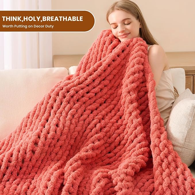 L'AGRATY Chunky Knit Blanket Throw: 50''x60'' Chenille Chunky Knitted Throw Blankets for Bed Couch - Handmade Thick Cable Knit Blanket - Large Crochet Rope Blankets for Home Decor(Coral Pink)-Ruum Studio Home