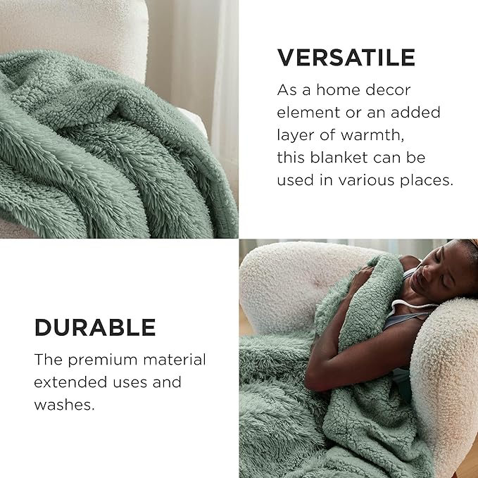 Bedsure GentleSoft Fluffy Sage Green Blankets Queen Size for Bed, Thick Sherpa Faux Fur Fleece Fuzzy Plush Winter Warm Soft Queen Blankets, Bedroom Decor Sage Green Cozy Gifts for Women Men, 90x90-Ruum Studio Home