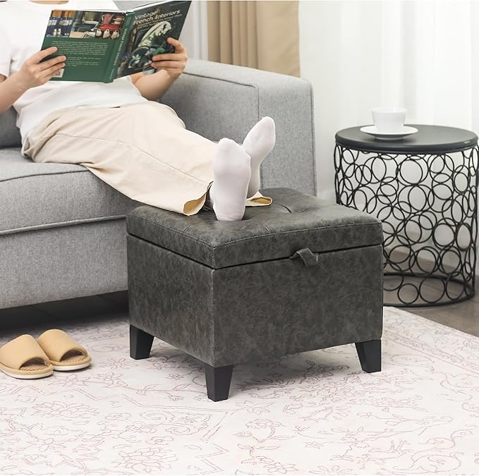 Adeco Faux Leather Storage Ottoman Bench with Wood Legs, 17.7" Square Mixed Grey PU Cube Foot Stool, Upholstered Button Tufted Vanity Chair with Hinged Lid for Living Room, Bedroom, Dorm-Ruum Studio Home