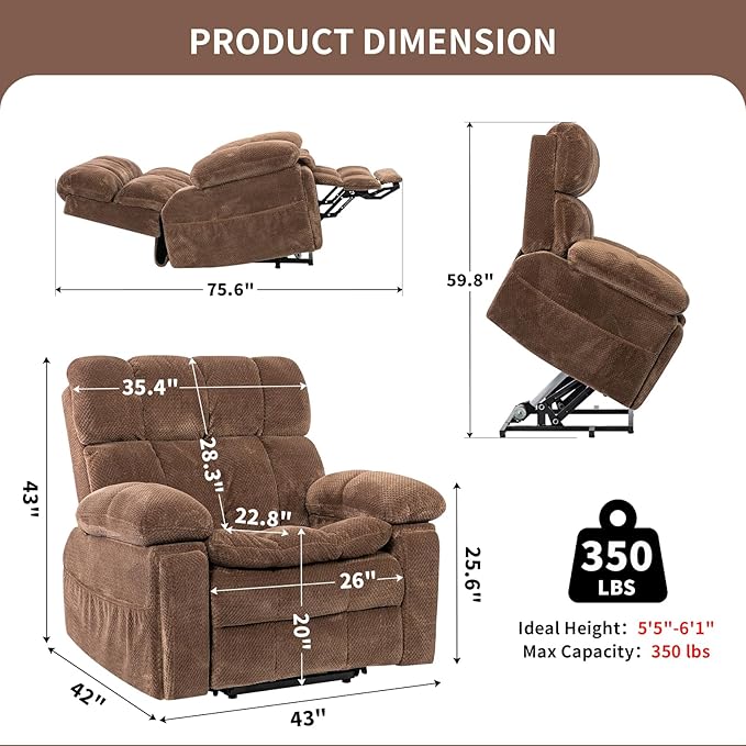 Oversized Power Lift Recliner Chair with Adjustable Headrest for Elderly,Dual Motor Lay Flat Recliner Chair with USB Port,Type C,Big and Tall Recliner with Massage and Heat,Cup Holders,Storebox,Brown-Ruum Studio Home