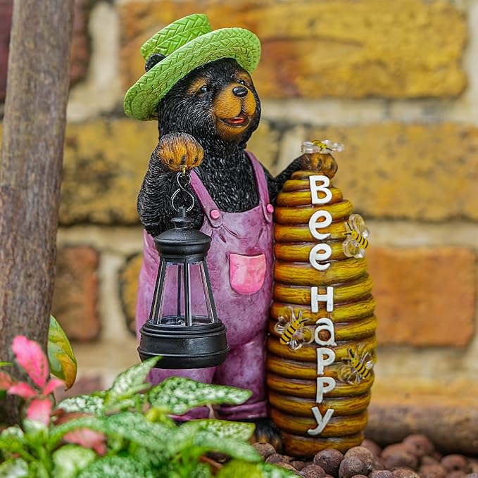 Solar Adorable Bear Garden Statue with Beehive and Lantern - “Bee Happy” Resin Outdoor Decoration for Yard, Patio, or Home Decor-Ruum Studio Home