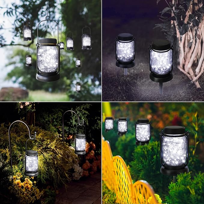 Mlambert Cool White 4 Pack Solar Hanging Mason Jar Lights with Stakes, Waterproof Decorative 30 LEDs Outdoor Solar Lantern Lamp Patio Garden Tree Yard-Ruum Studio Home