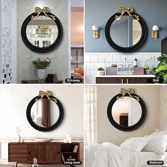 25x25 inch Bow Antique Round Mirror for Wall, Gold & Black Decorative Wall-Mounted Circle Mirror, Perfect for Bedroom, Hallway, Living Room Décor, and Bathroom Vanity-Ruum Studio Home