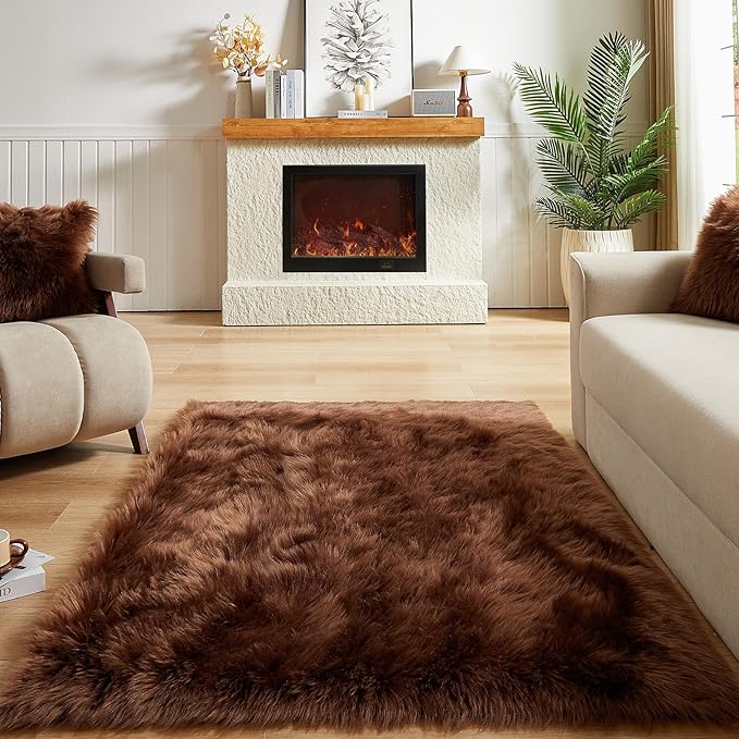 AMTOVO Faux Fur Sheepskin Rug for Living Room, 4 x 6 ft Coffee Fluffy Area Rug for Bedroom, Playroom, Luxury Room Decor, Rectangle-Ruum Studio Home