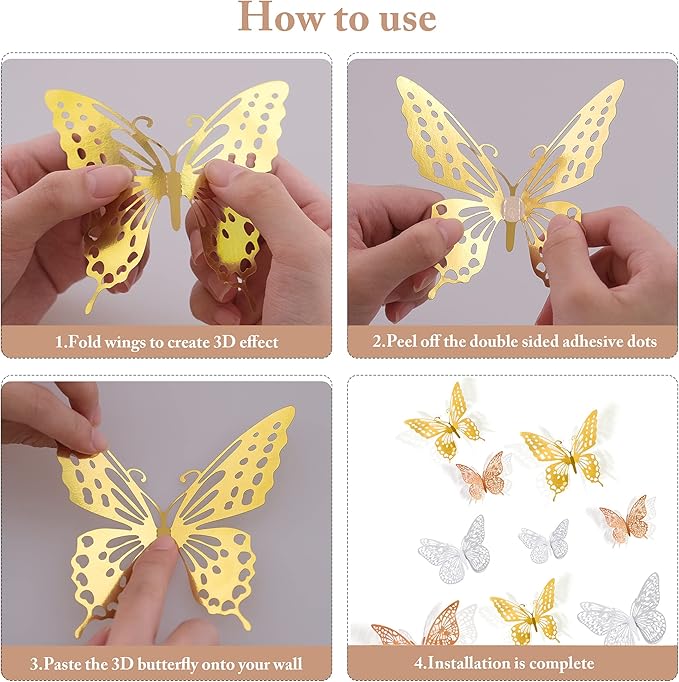 SAOROPEB 3D Butterfly Wall Decor, 72 Pcs 3 Styles 3 Sizes, Removable Metallic Wall Decor Sticker Room Mural Decals for Kids Bedroom Nursery Classroom Party Decoration Wedding Decor DIY Gift (3 Color)-Ruum Studio Home