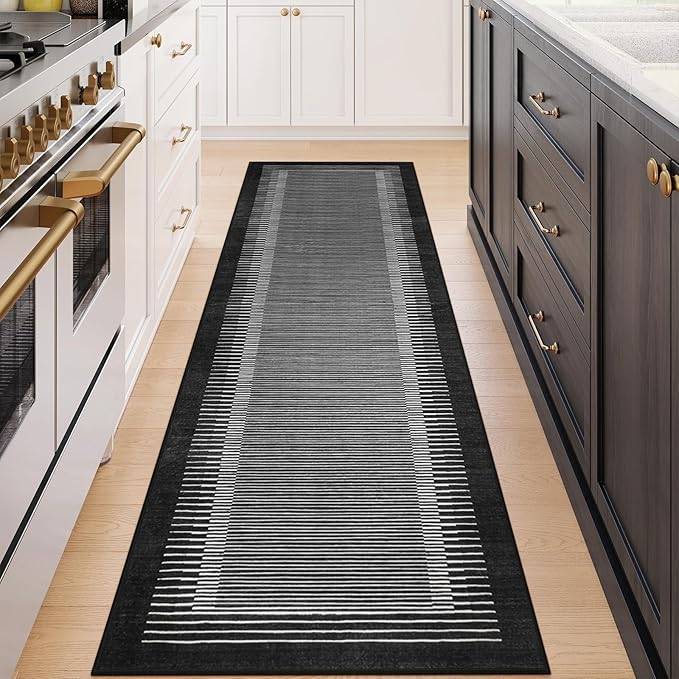 Wonnitar Striped Black Area Rugs 9x12 Living Room, Non-Slip Soft Berber Stripe Bedroom Rug, Low Pile Minimalist Floor Carpet for Dining Room Living Room Department (Black,9' x 12')-Ruum Studio Home