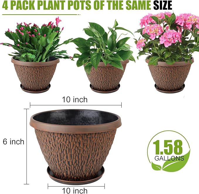 4 Pack 10 Inch Plant Pot, Flower Pots Outdoor with Drainage Hole & Tray, Thickened Plastic Planters for Indoor Outdoor Plants, Lightweight Modern Decorative Garden Pot with Saucer-Ruum Studio Home