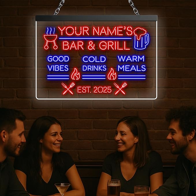 Personalized BBQ Neon Sign Custom Bar and Grill Sign Patio LED Lights Backyard Bar Signs for Men Outdoor Lighted Patio Acrylic Table Grilling Kitchen Home Garden Wall Decor-Ruum Studio Home