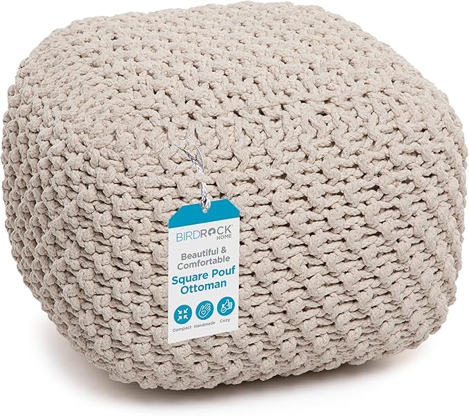 BIRDROCK HOME Square Pouf Ottoman | Cotton Braided Foot Stool with Bean Bag Filling | Boho Foot Rest for Living Room, Bedroom | Compact & Comfortable Seating, Lightweight & Sturdy | Natural-Ruum Studio Home