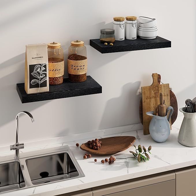Fun Memories Rustic Black Floating Shelves 24 Inch Long, 8 Inch Deep Floating Shelf, 24 x 8 Wall Shelves Set of 2, Deep Black Bathroom Shelves, 24 Long Floating Bookshelf Wall Mounted-Ruum Studio Home