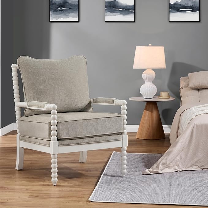 DUHOME Linen Fabric Spindle Accent Chair with Wood Frame,Spool Chairs with High Resilience Spring Cushion and Armrest Pads, Leisure Armchair for Living Room Bedroom Farmhouse Home Office Belcony-Ruum Studio Home