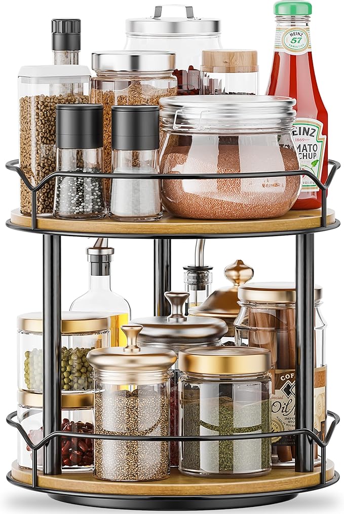 Lazy Susan Organizer 2 Tier - Turntable Spice Rack for Table Top, Wooden Rotating Lazy Susan for Cabinet Pantry Kitchen Countertop Dining Table Cupboard Bathroom Vanity Storage-Ruum Studio Home