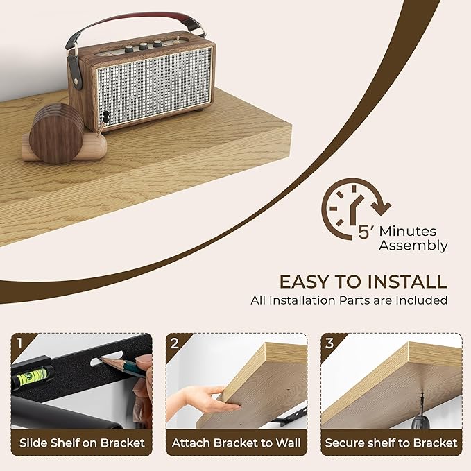 RICHFOCUS 72Inch Floating Shelves for Wall 1 Pack Shelves for Bedroom|Kitchen|Bathroom Wall Mounted Rustic Wood Floating Shelf with Invisible Brackets for Books|Storage|Decor, Oak-Ruum Studio Home