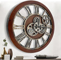 The B-Style Large Wall Clock 24 inch Moving Gear Wall Clock Oversized Vintage Farmhouse Wall Clocks for Living Room Decor Rustic Industrial Wood Clock (Black walunt Wood and Bronze)-Ruum Studio Home