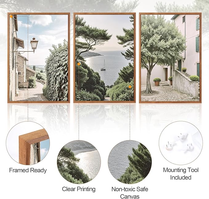 Aurlan Neutral Italy Cityscape Gallery Framed Wall Art(16"x24"), 3PCS Vintage Mediterranean Countryside Landscape Canvas Artwork, Large Town Coast Streets Travel Decor Prints for Office Home-Ruum Studio Home